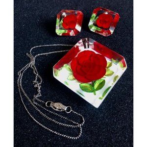 Amazing Vintage Reverse Carved Vibrant Red Rose Pendant Sterling Chain and Screw